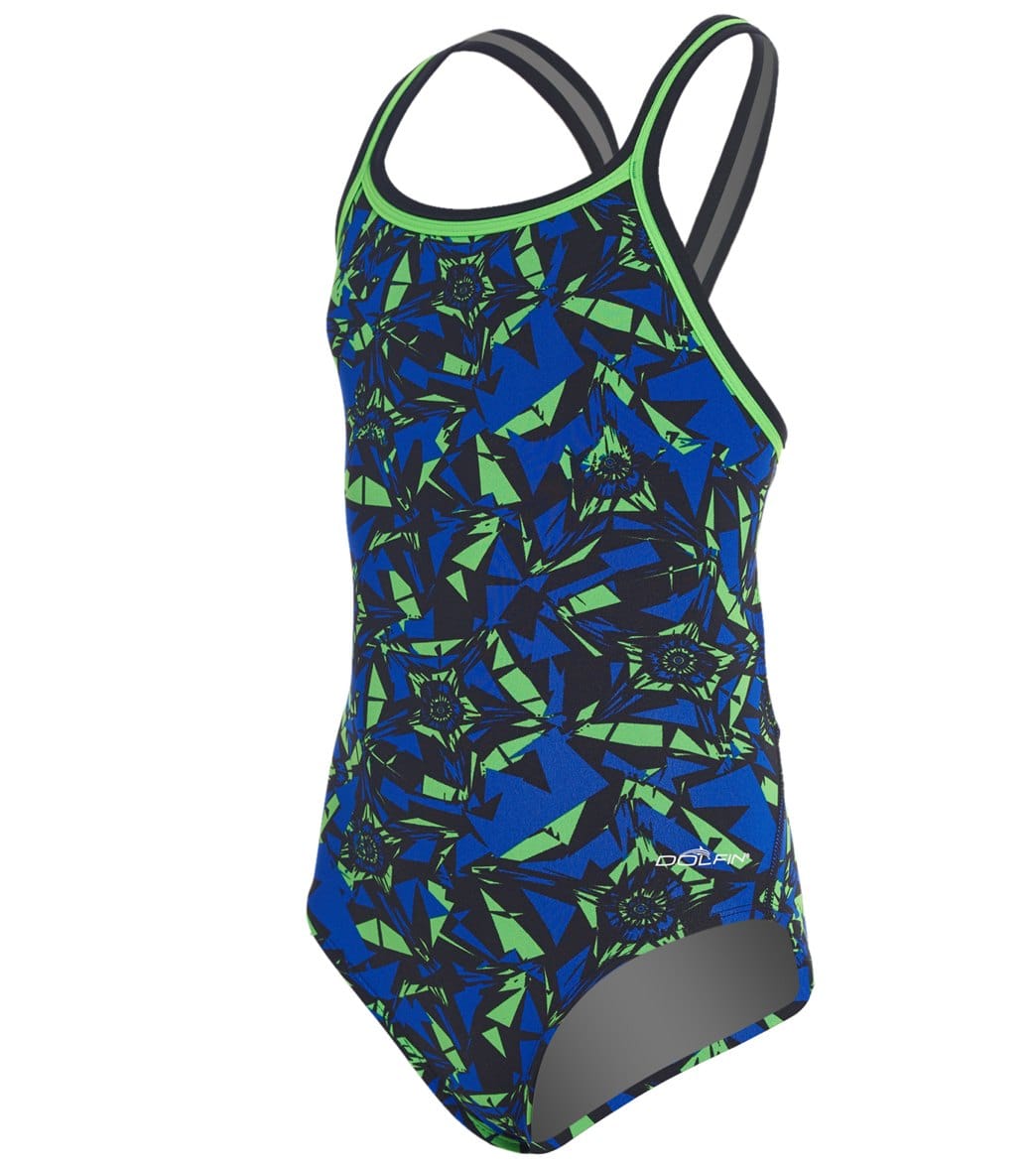 Dolfin Girls' Reliance Ion Dbx V-Back One Piece Swimsuit - Blue/Green 24 Polyester - Swimoutlet.com
