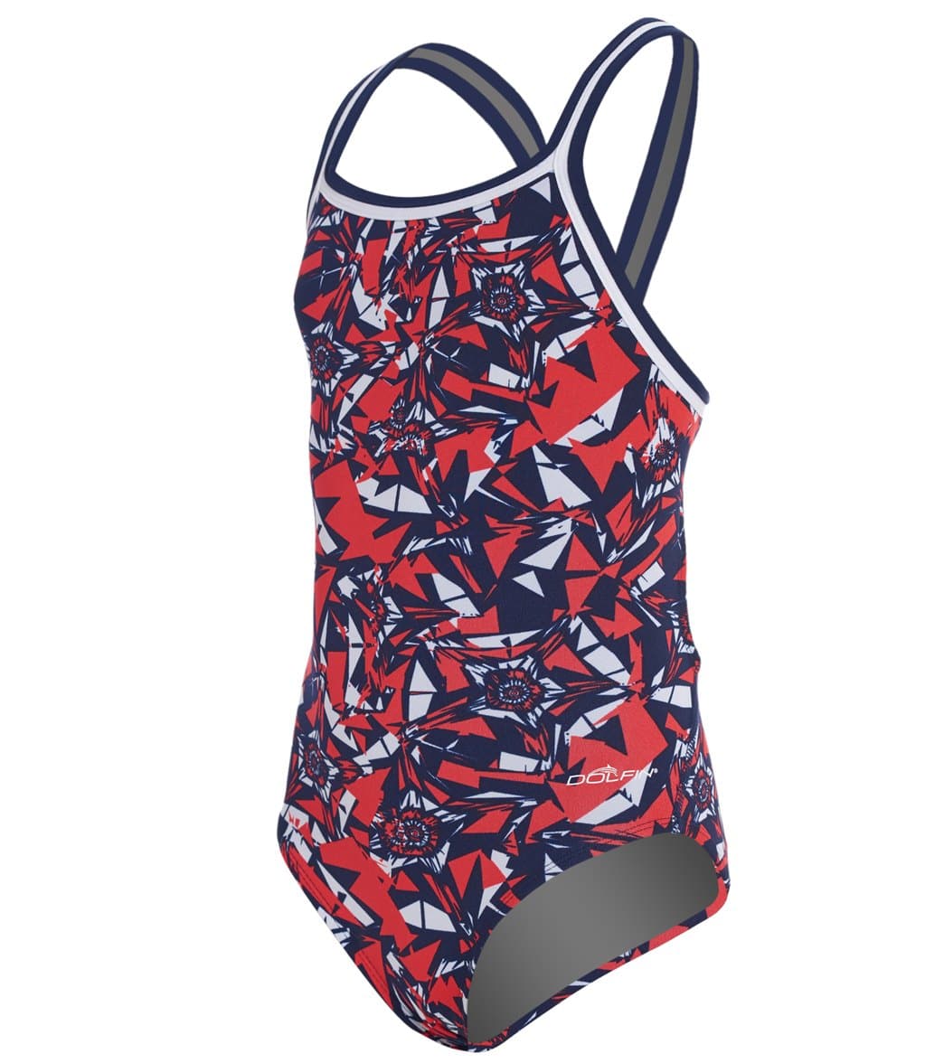 Dolfin Girls' Reliance Ion Dbx V-Back One Piece Swimsuit - Red/White/Blue 22 Polyester - Swimoutlet.com