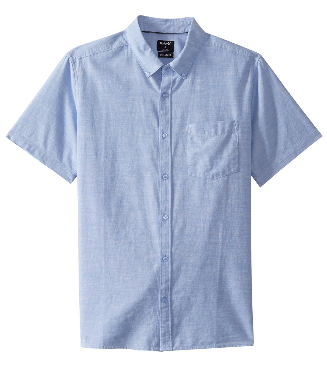 Hurley Men's One & Only 2.0 Short Sleeve Woven Shirt - Blue Oxford Medium Cotton - Swimoutlet.com