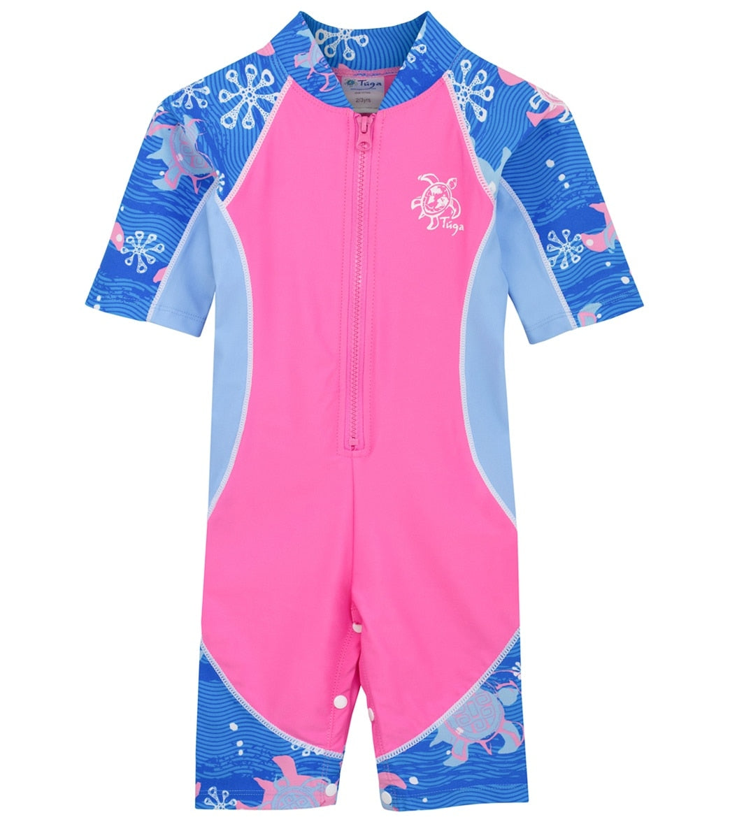 Tuga Girls Low Tide Short Sleeve Sunsuit Baby Toddler - Pink Wave 6/7 Yrs Size Years - Swimoutlet.com