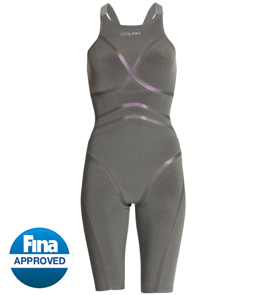 Dolfin Women's Lightstrike Bonded Open Back Regular Chest Long Torso Tight Leg Tech Suit Swimsuit - Silver 24L Nylon/Polyester/Spandex