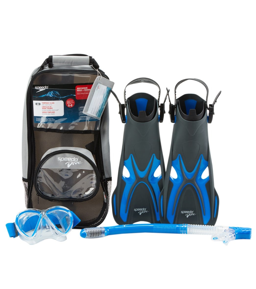 Speedo Reefseeker Mask Snorkel And Fin Set - Grey/Blue S/M Size Small/Medium - Swimoutlet.com