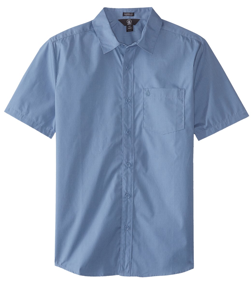 Volcom Men's Everett Solid Short Sleeve Shirt - Wrecked Indigo Small Cotton/Polyester - Swimoutlet.com