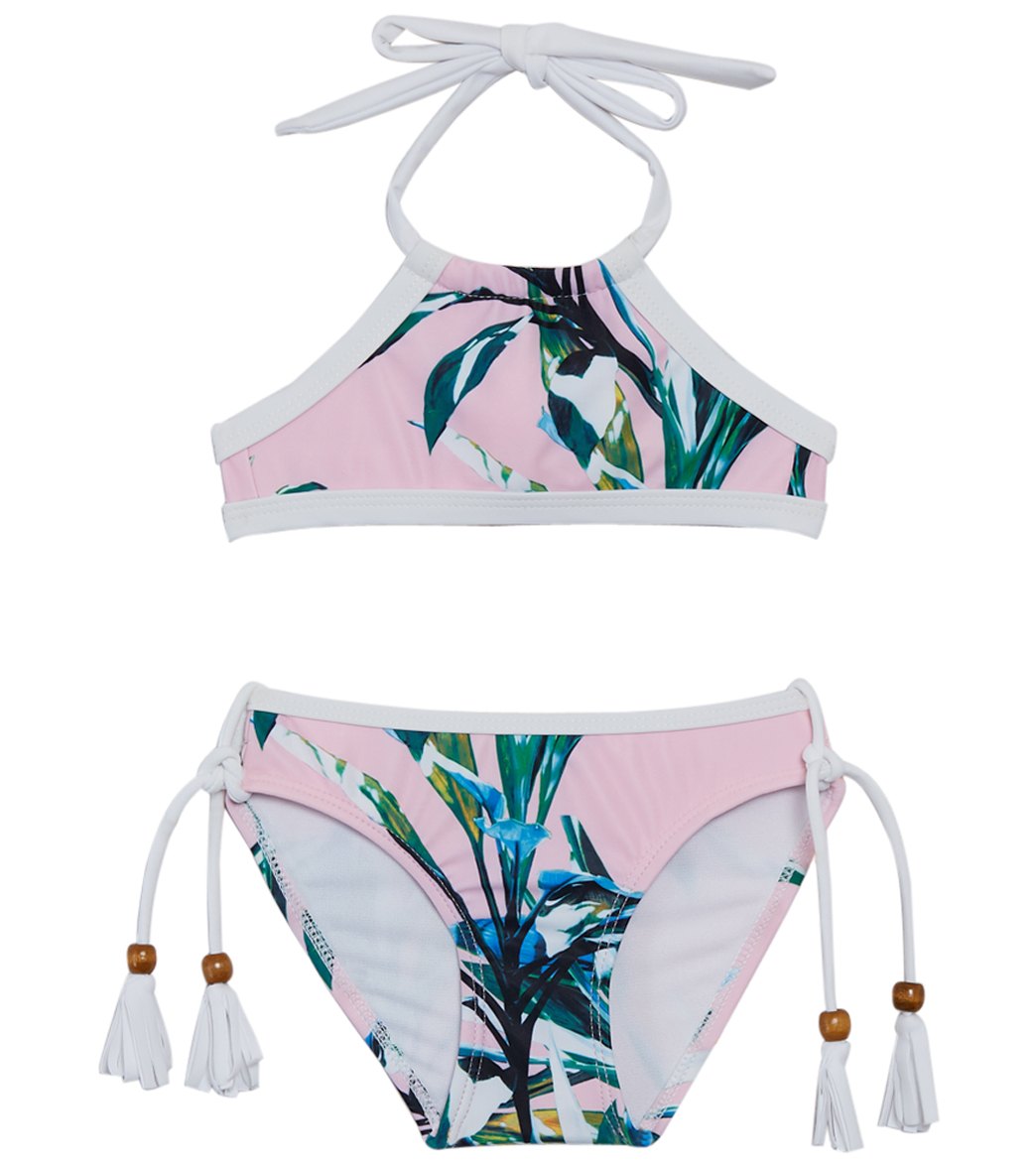 Snapper Rock Girls' Royal Palm Halter Bikini Set Toddler/Little/Big Kid - Pinkn/White 3 - Swimoutlet.com