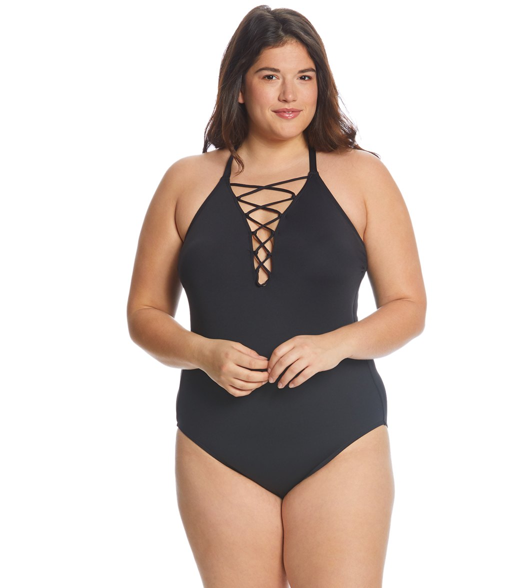 La Blanca Plus Size Island Goddess Lace-Up One Piece Swimsuit - Black 16W - Swimoutlet.com