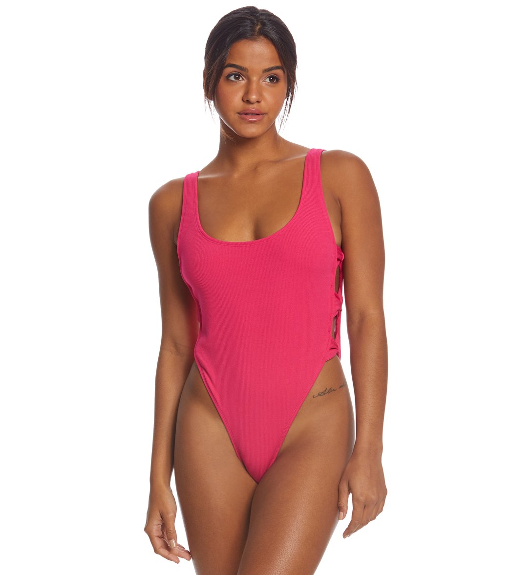 Motel Hoalo Ribbed High Leg One Piece Swimsuit - Fuschia Mini Rib Xx-Small - Swimoutlet.com