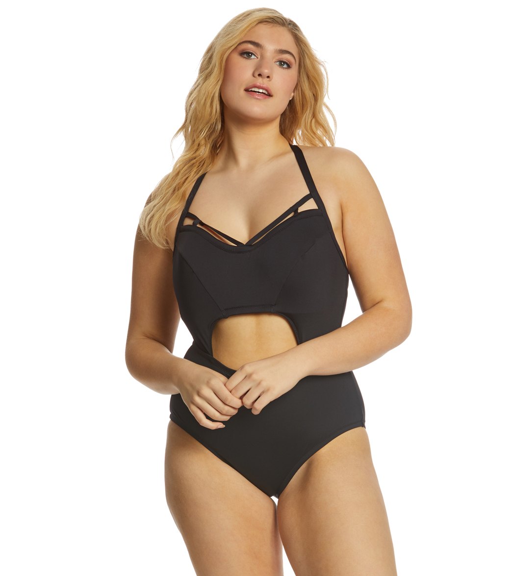 Jessica Simpson Plus Size Solid Bandeau One Piece Swimsuit - Black 2X - Swimoutlet.com