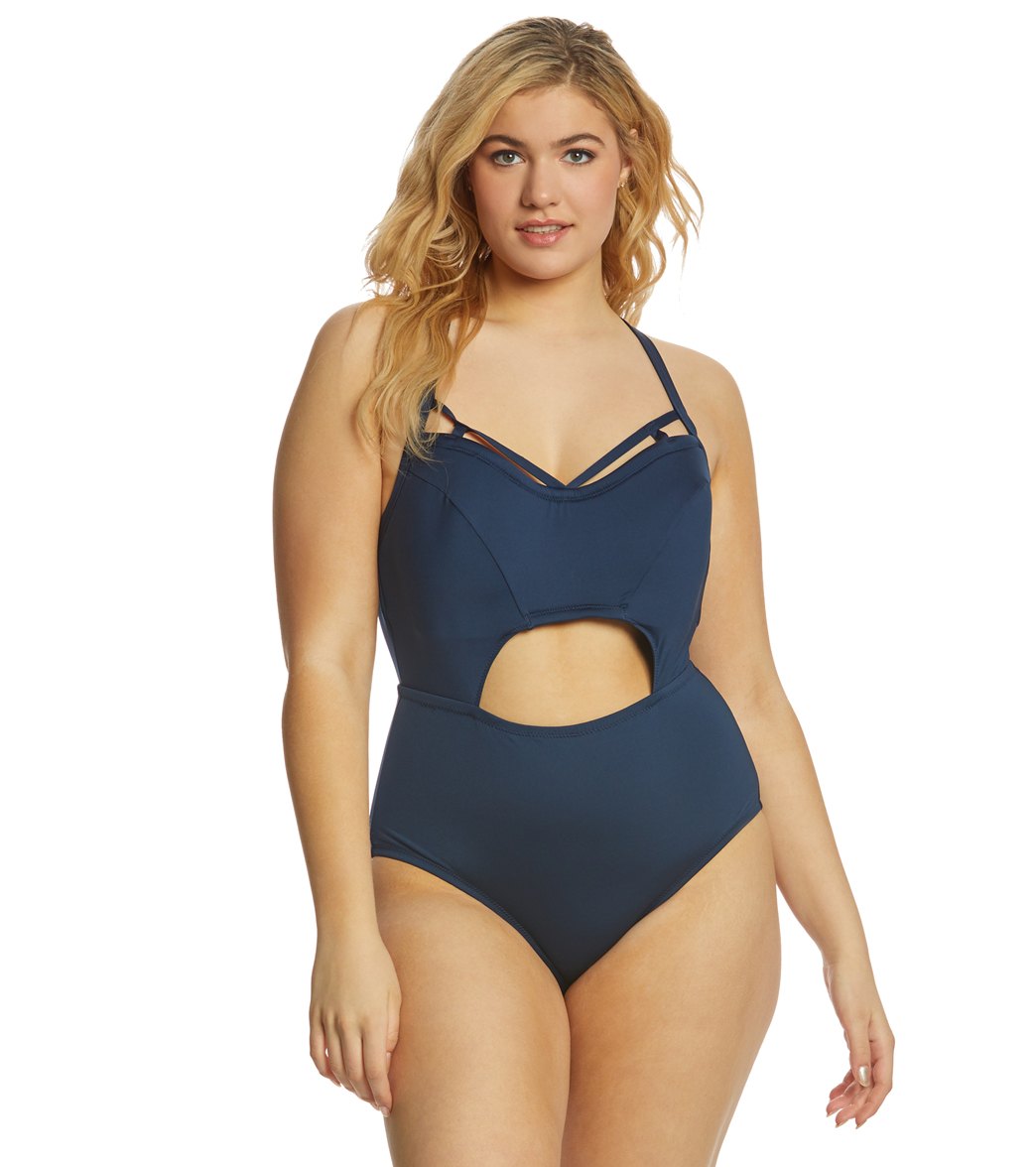 Jessica Simpson Plus Size Solid Bandeau One Piece Swimsuit - Navy 1X - Swimoutlet.com