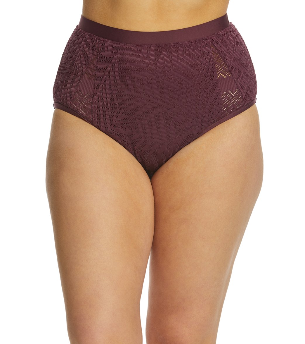 Jessica Simpson Plus Size Crochet High Waist Bikini Bottom - Wine 0X - Swimoutlet.com