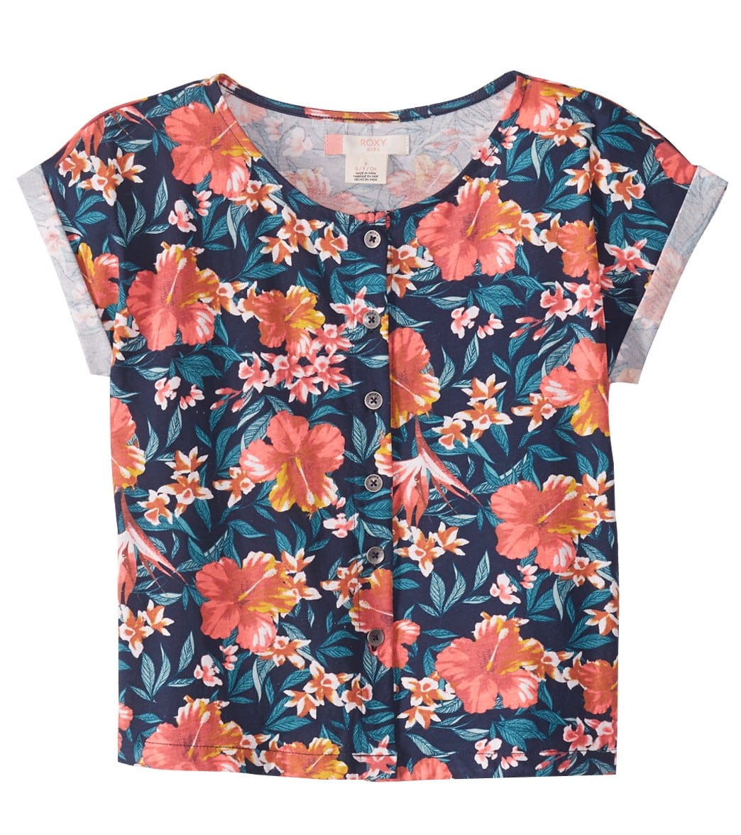 Roxy Girls' Crystal Air Short Sleeve Tee Shirt Big Kid - Dress Blue Island Tropic Small Cotton - Swimoutlet.com