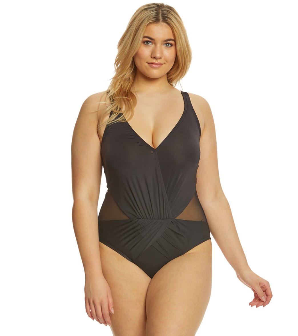 Kenneth Cole Reaction Plus Size Shirred Mesh Halter One Piece Swimsuit - Black 2X - Swimoutlet.com