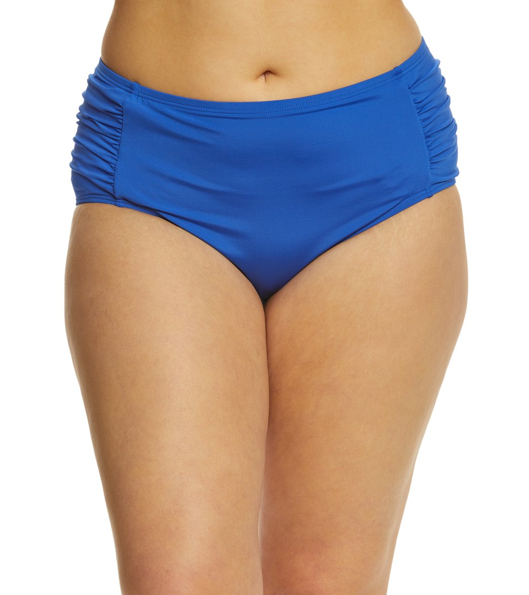 Kenneth Cole Reaction Plus Size Solid Mid High Shirred Bikini Bottom - Marina 3X - Swimoutlet.com