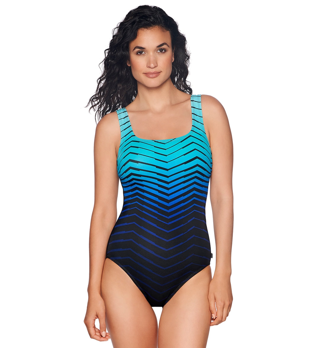 Reebok Women's Prime Performance Scoop Back Chlorine Resistant One Piece Swimsuit - Blue/Black 18 Nylon/Spandex - Swimoutlet.com