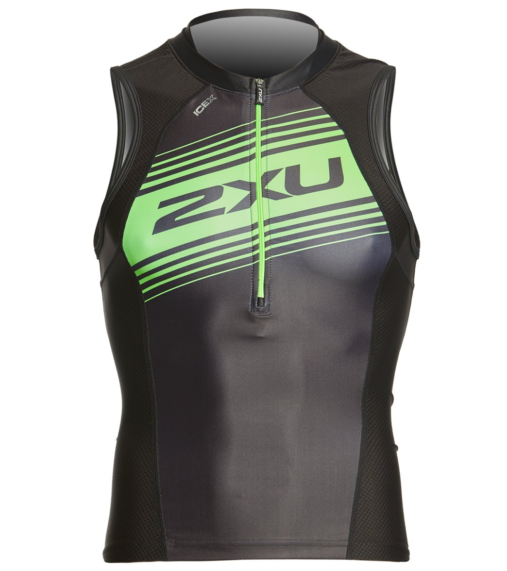 2Xu Men's Compression Tri Singlet - Black/Green Logo Graphic Small Vest - Swimoutlet.com