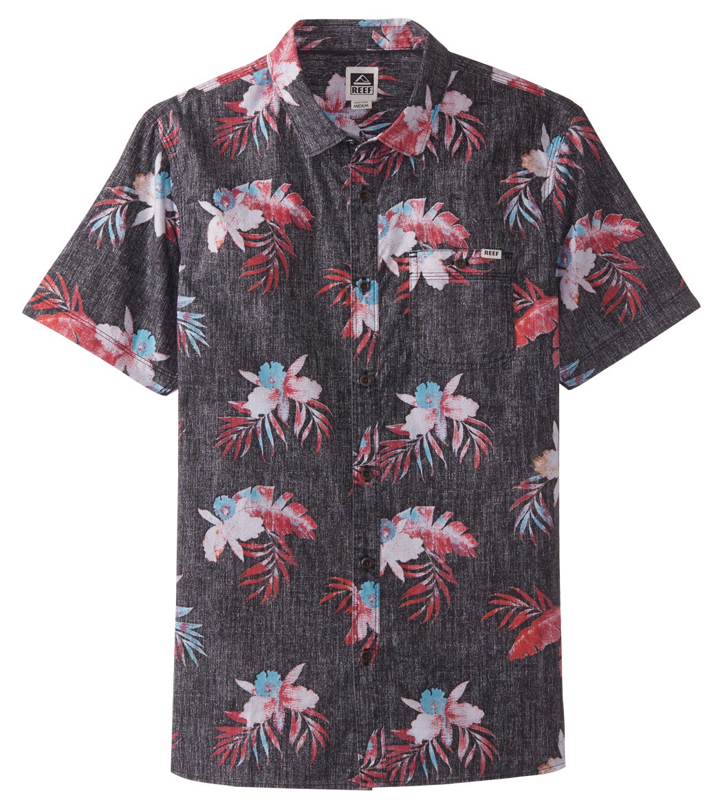 Reef men's isle short sleeve shirt - black small cotton - swimoutlet.com