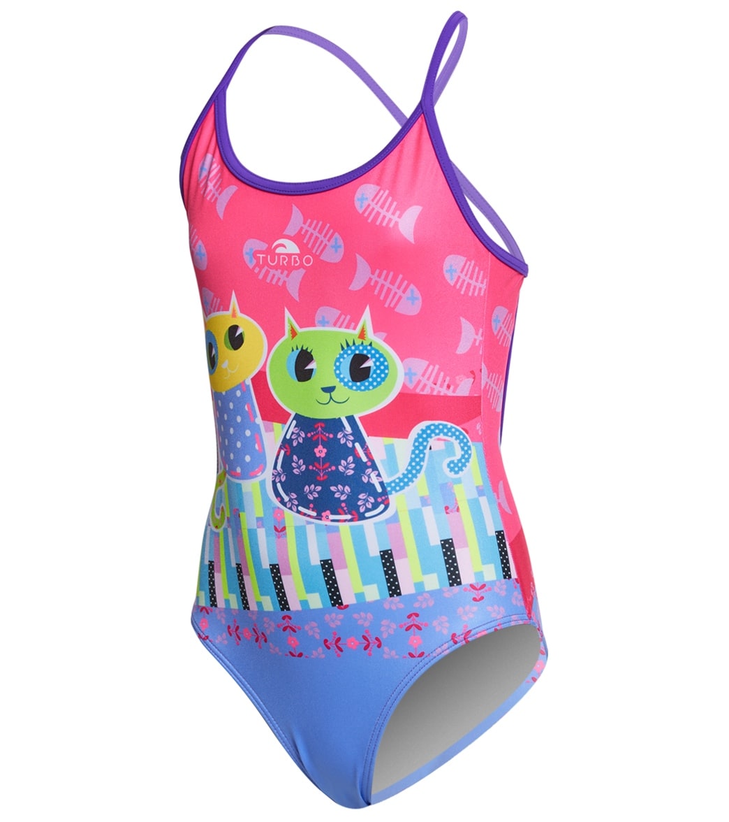 Turbo Girls' Happy Cats One Piece Swimsuit - Multi 2T Polyester/Pbt - Swimoutlet.com