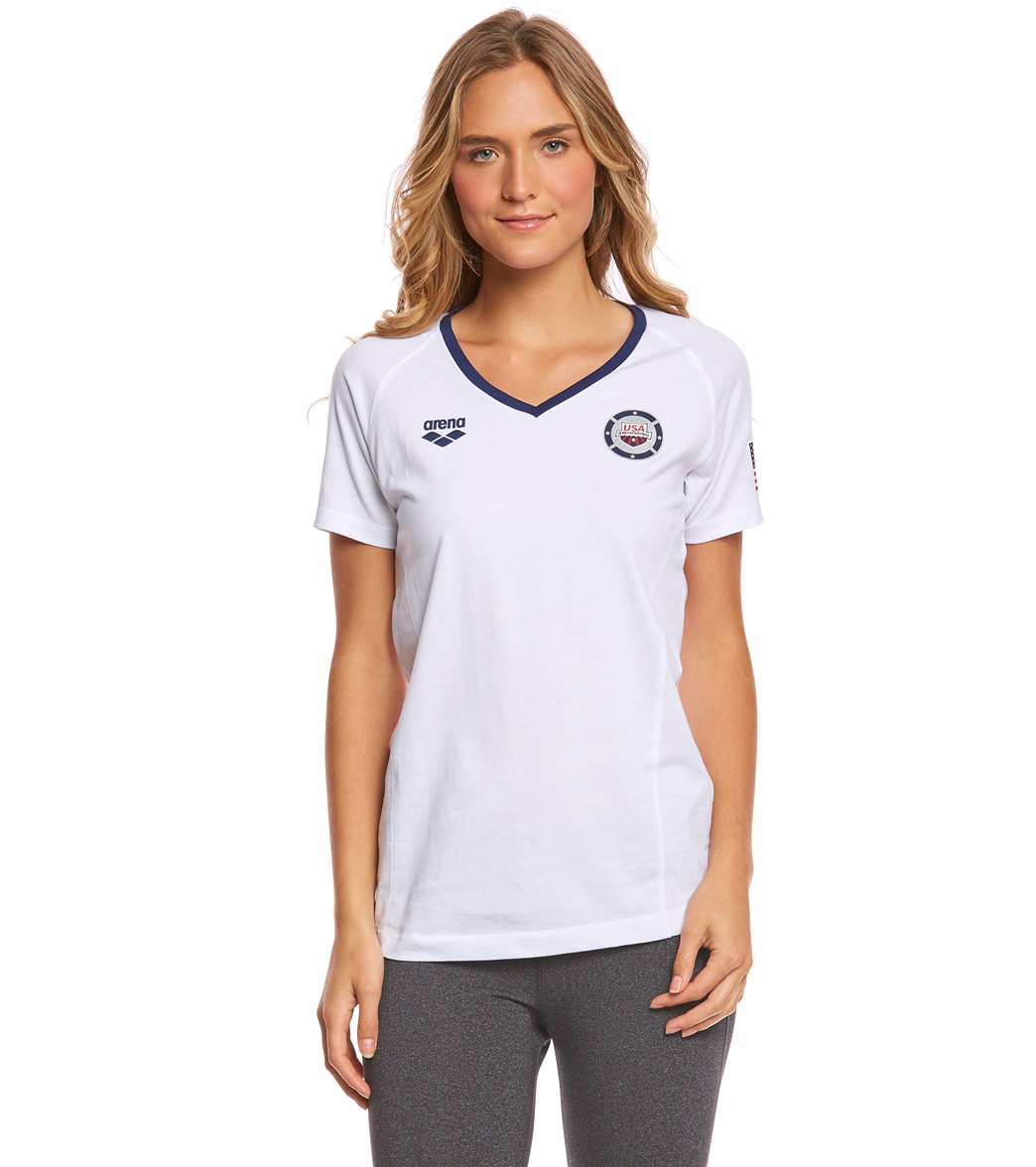 Arena Women's National Team Short Sleeve Tee Shirt - White/Navy Medium Size Medium Cotton - Swimoutlet.com