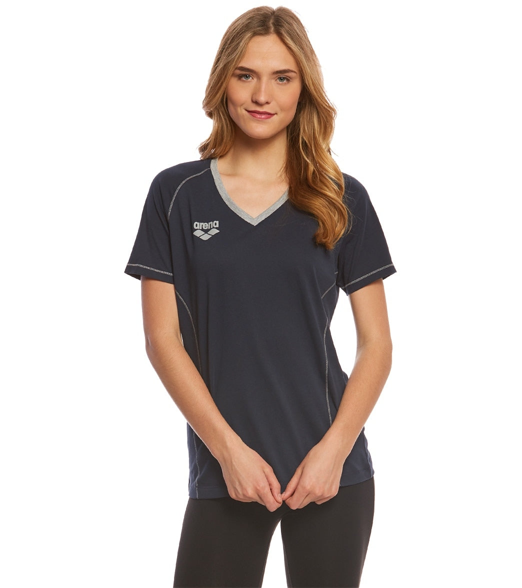 Arena Women's Team Line Short Sleeve V Neck T Shirt - Navy X-Small Cotton - Swimoutlet.com