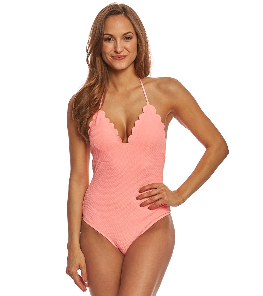 Jessica Simpson Swimwear Under The Sea Scalloped Edge Halter One Piece Swimsuit - Punch Xl - Swimoutlet.com