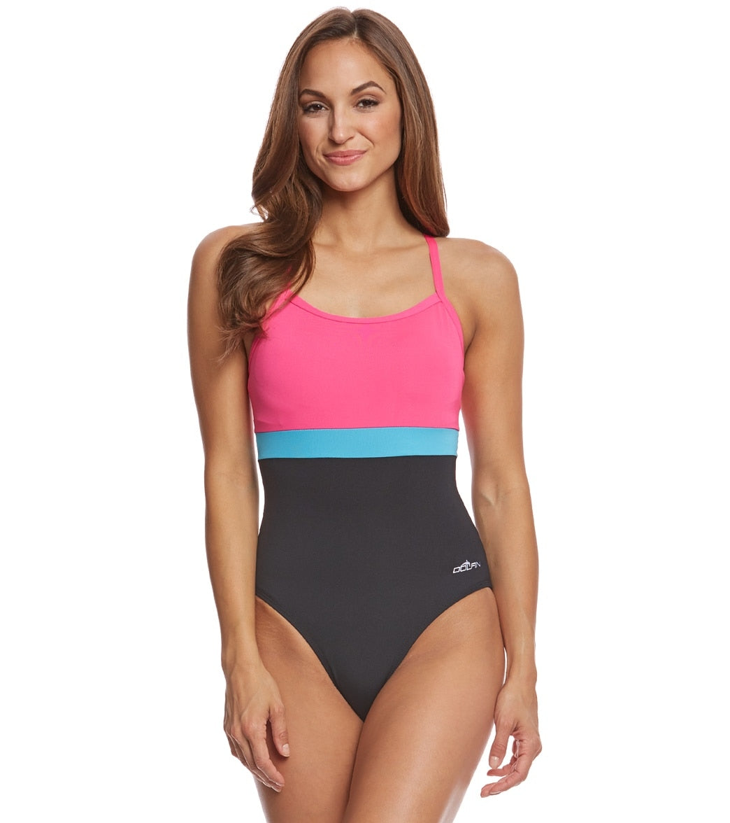 Dolfin Aquashape Women's Cross Back Chlorine Resistant One Piece Swimsuit - Black/Pink/Turquoise 6 Polyester/Spandex - Swimoutlet.com
