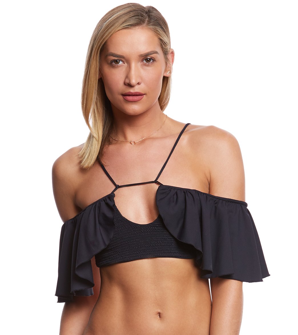 Indah August Solid Flounce Bikini Top - Black Large Elastane/Polyamide - Swimoutlet.com