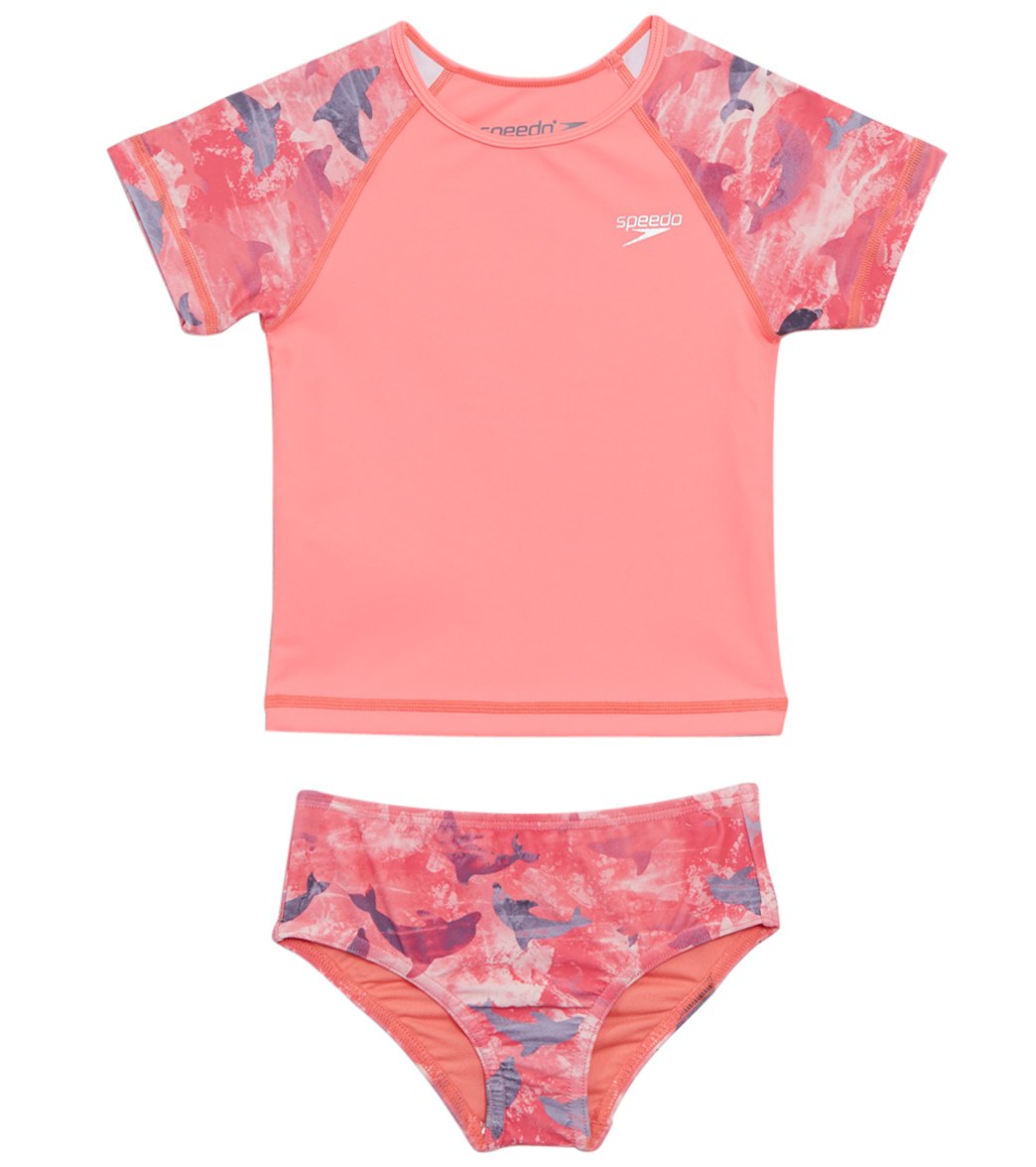 Speedo Girls' Learn To Swim Printed Short Sleeve Rash Guard Two Piece Set 12 Months-3T - Coral 18 Months Polyester/Spandex - Swimoutlet.com