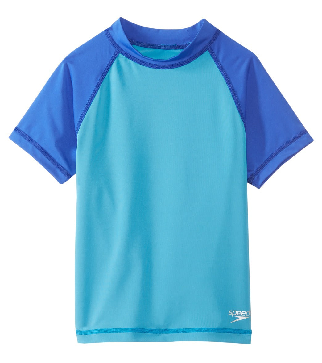 Speedo Girls' Short Sleeve Colorblock Rash Guard 4-6X - Cyan Small Size Small Polyester/Spandex - Swimoutlet.com