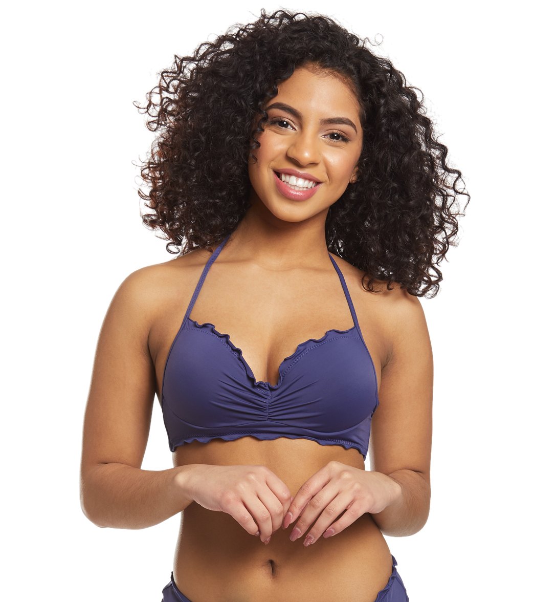 Hobie Solid Ruffled Underwire Bikini Top - Navy Xl Polyester - Swimoutlet.com