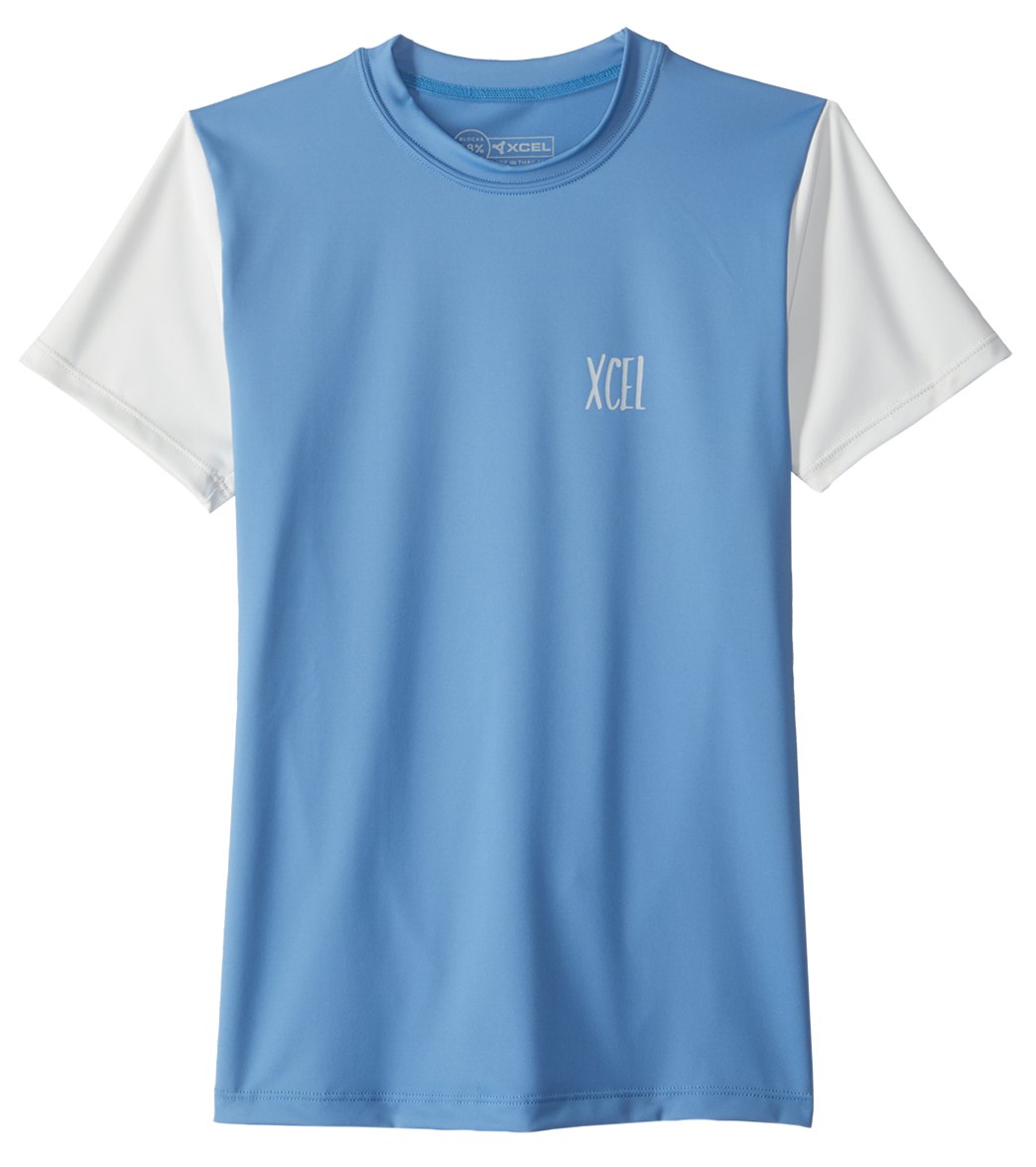 Xcel boys' cayucos short sleeve surf tee shirt - faience blue/ice grey 14 polyester/spandex - swimoutlet.com