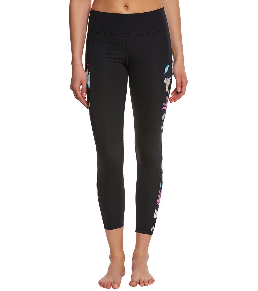 Seafolly Women's Flower Festival Fold Over Fitness Capri Leggings - Black Medium Nylon/Elastane - Swimoutlet.com