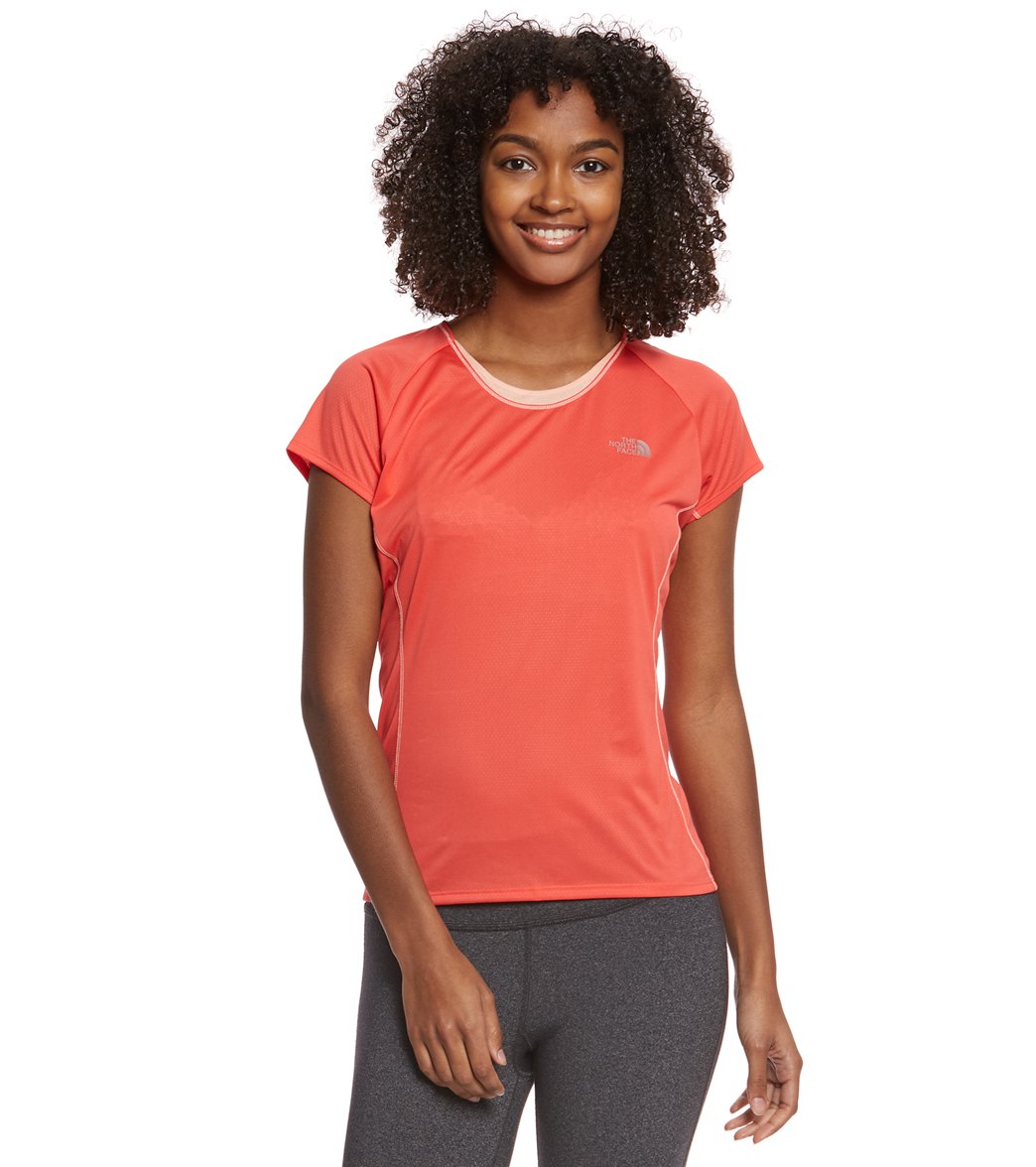 The North Face Women's Btn Short Sleeve Top - Cayenne Red/Tropical Peach Medium Polyester - Swimoutlet.com