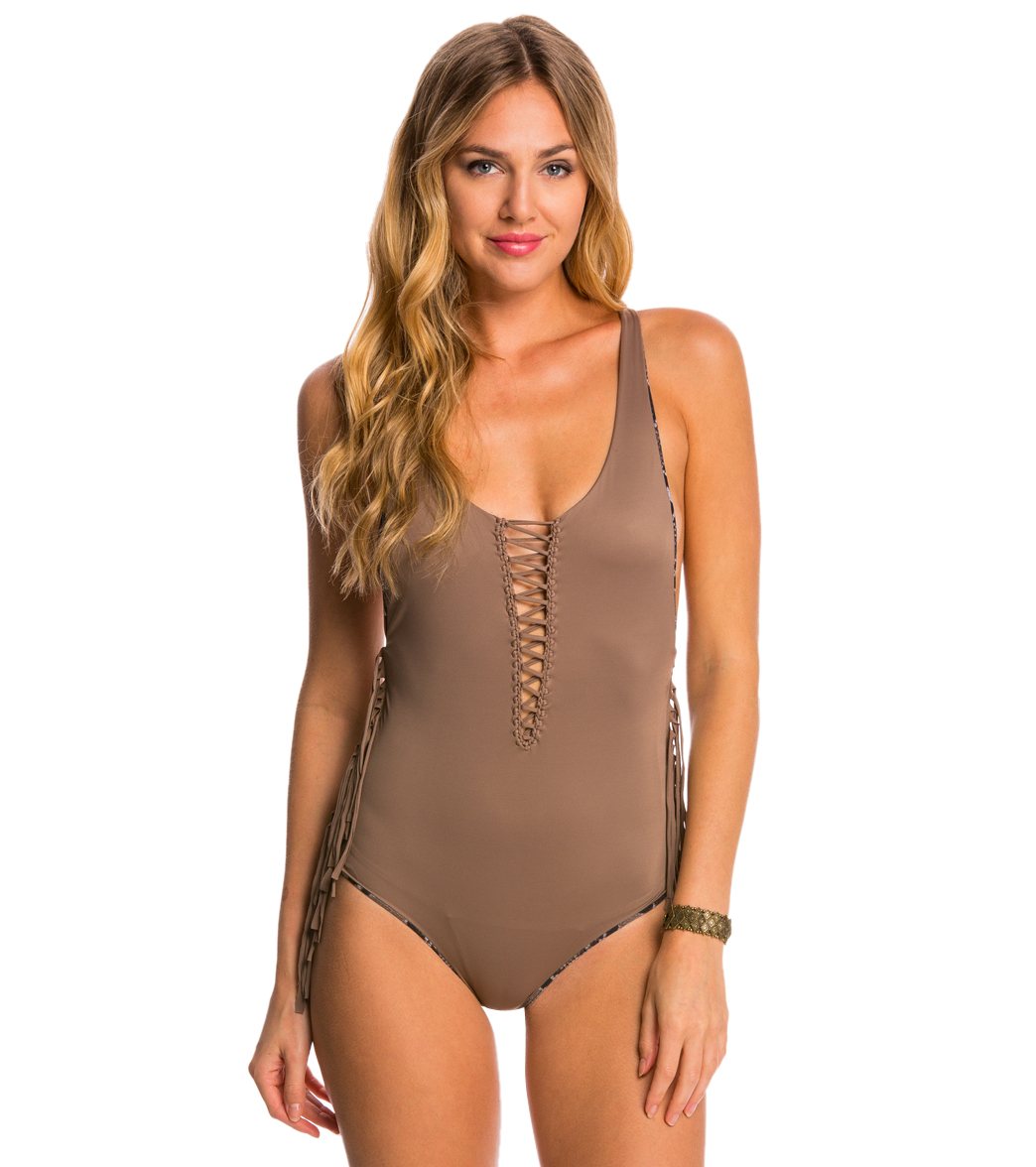 Indah Let's Get Lost Margaux Gemma Lace Up Fringe One Piece Swimsuit - Mocha X-Small Elastane/Polyamide - Swimoutlet.com