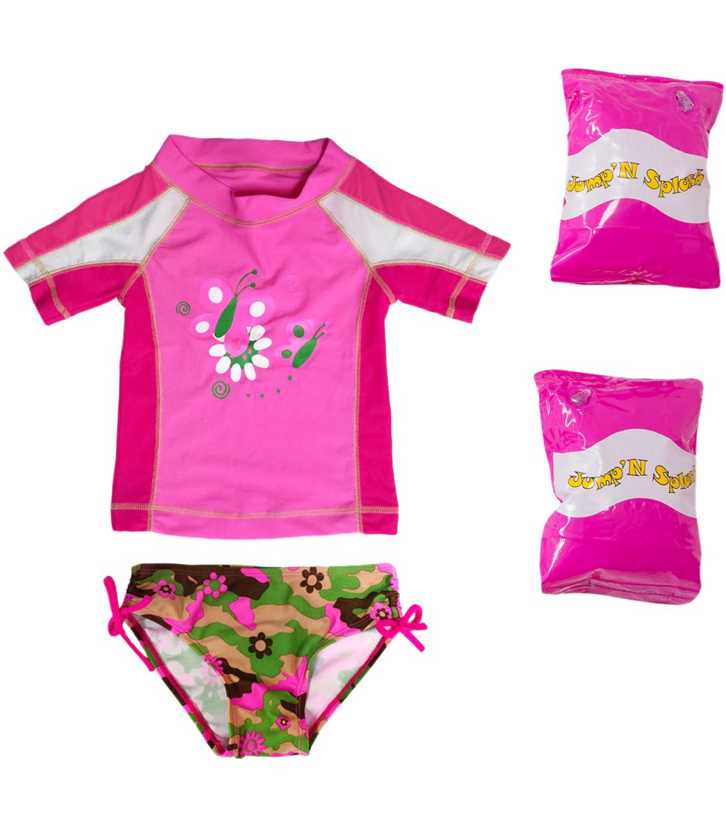 Jump N Splash Toddler Girls' Butterfly Two-Piece Short Sleeve Rashguard Set W/ Free Floaties 2T-3T - Multi 3T - Swimoutlet.com