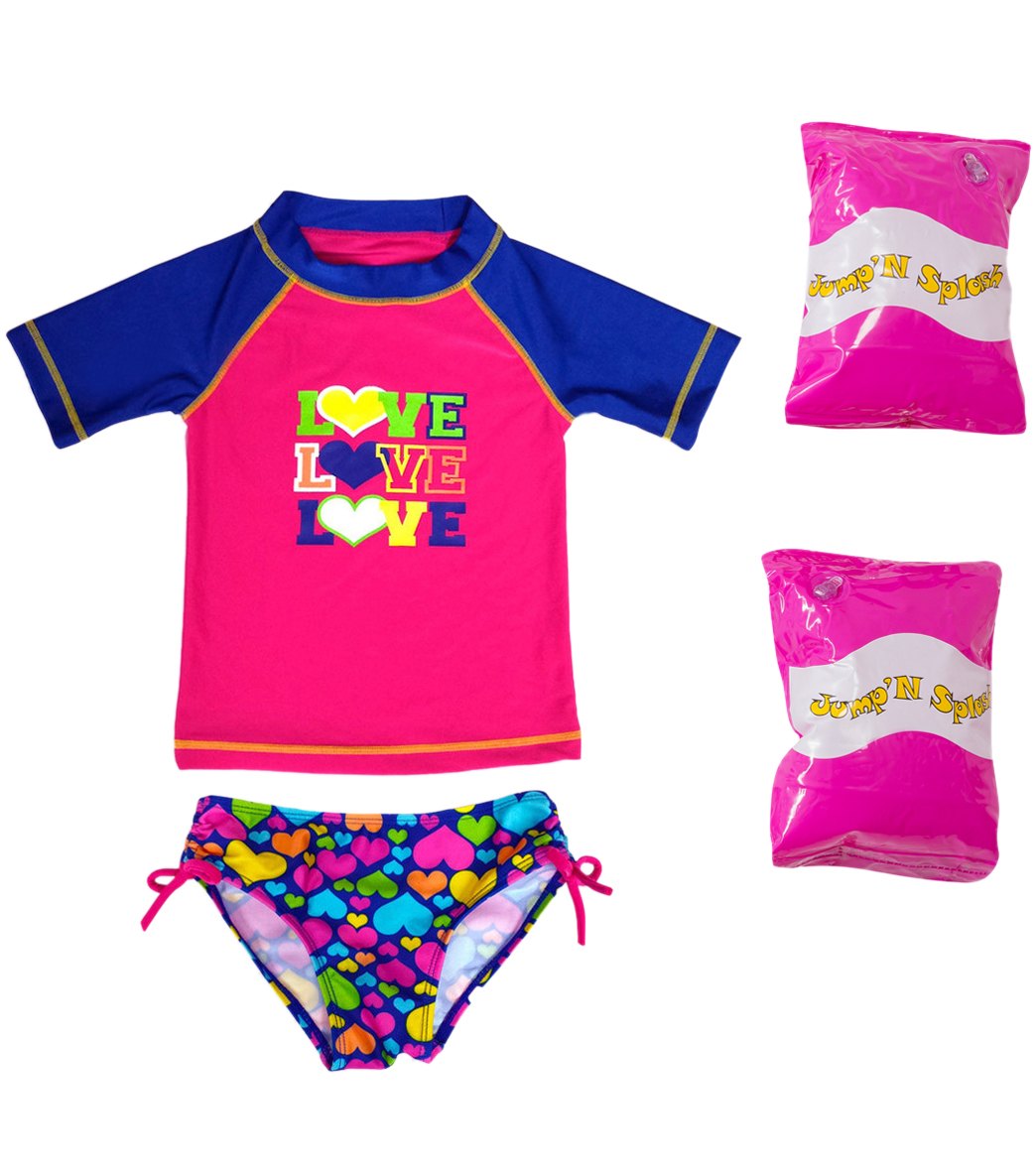 Jump N Splash Toddler Girls' Triple Love Two-Piece Short Sleeve Rashguard Set W/ Free Floaties 2T-3T - Multi 3T - Swimoutlet.com