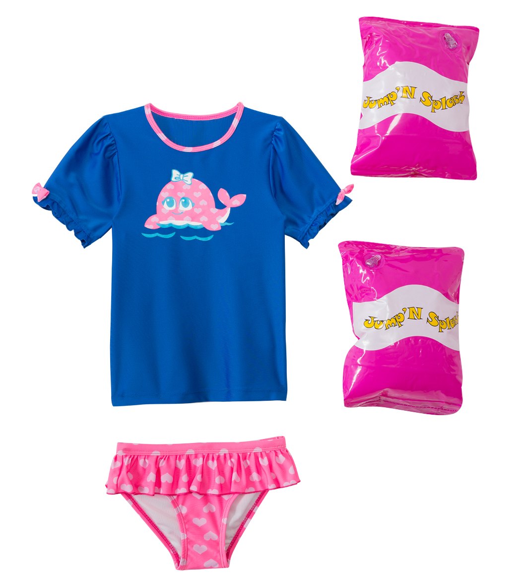 Jump N Splash toddler girls' happy whale two-piece short sleeve rashguard set w/ free floaties 2t-3t - multi 3t - swimoutlet.com