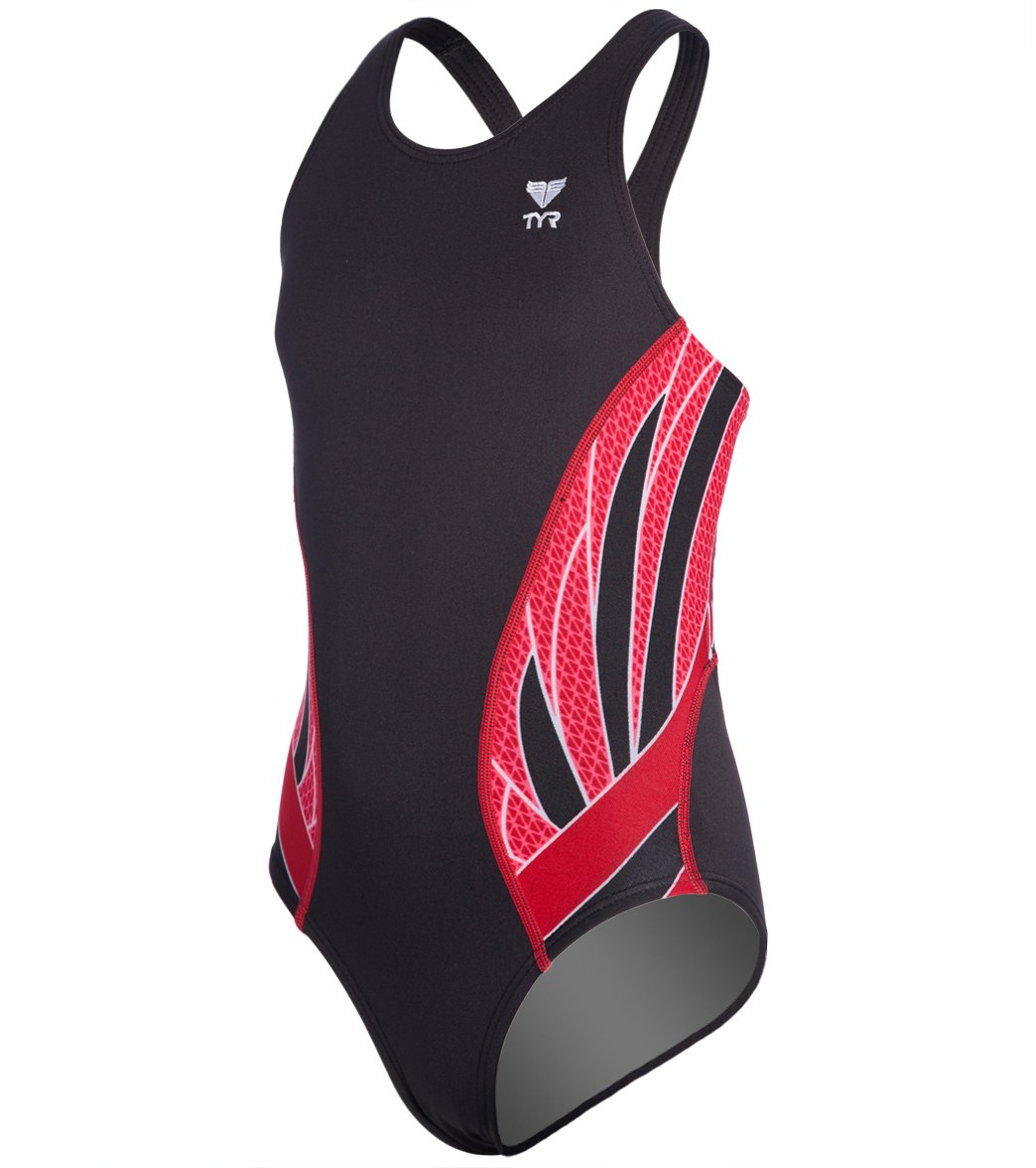 TYR Girls' Phoenix Maxfit One Piece Swimsuit - Black/Red 24 Polyester/Spandex - Swimoutlet.com