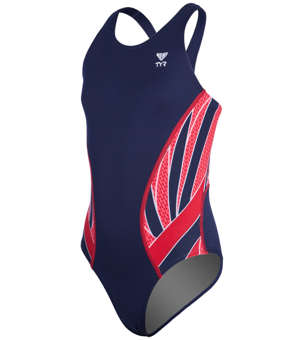 TYR Girls' Phoenix Maxfit One Piece Swimsuit - Navy/Red 24 Polyester/Spandex - Swimoutlet.com