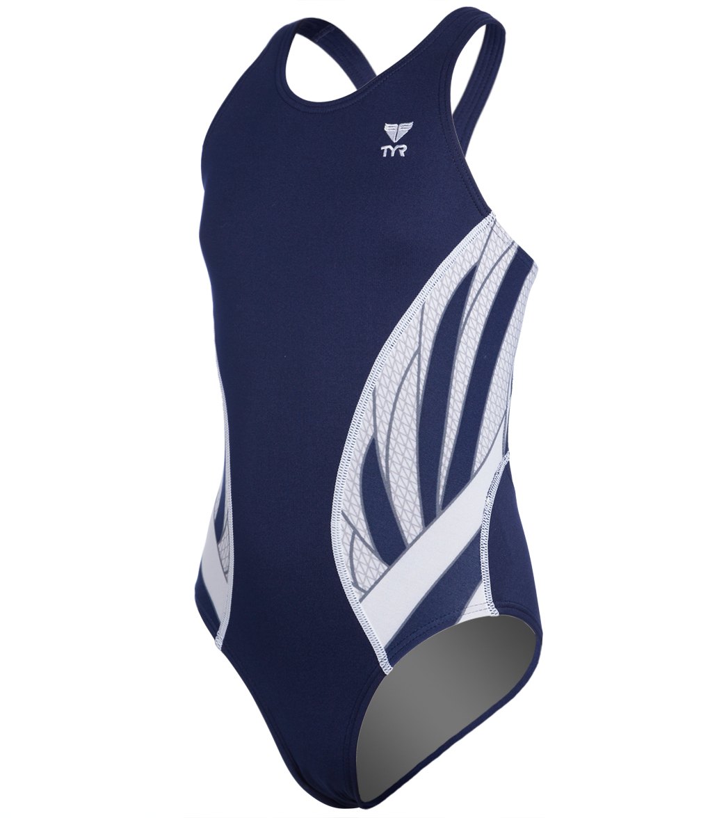 TYR Girls' Phoenix Maxfit One Piece Swimsuit - Navy/White 24 Polyester/Spandex - Swimoutlet.com