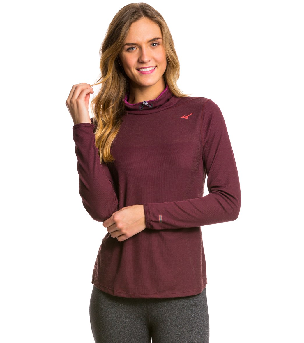 Mizuno Women's Breath Thermo Body Mapping Cowl Long Sleeve Shirt - Fig/Cayenne Small - Swimoutlet.com