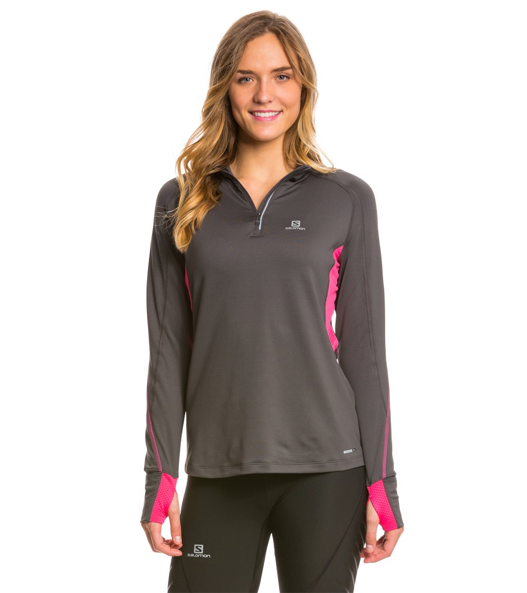 Salomon Women's Trail Runner Warm Long Sleeve Shirt Zip - Galet Grey/Hot Pink Small Polyester - Swimoutlet.com