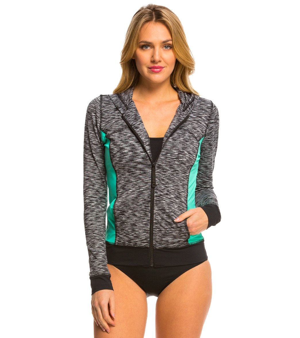 Anne Cole Women's Heather Colorblock Elastic Long Sleeve Shirt Hoodie Jacket - Multi X-Small - Swimoutlet.com