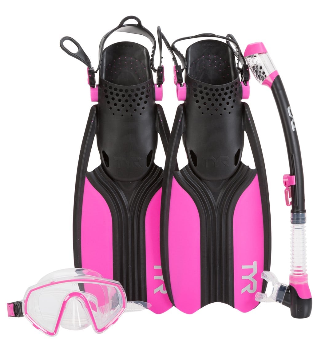TYR Voyager Mask Snorkel And Fin Set - Pink/Black Small - Swimoutlet.com