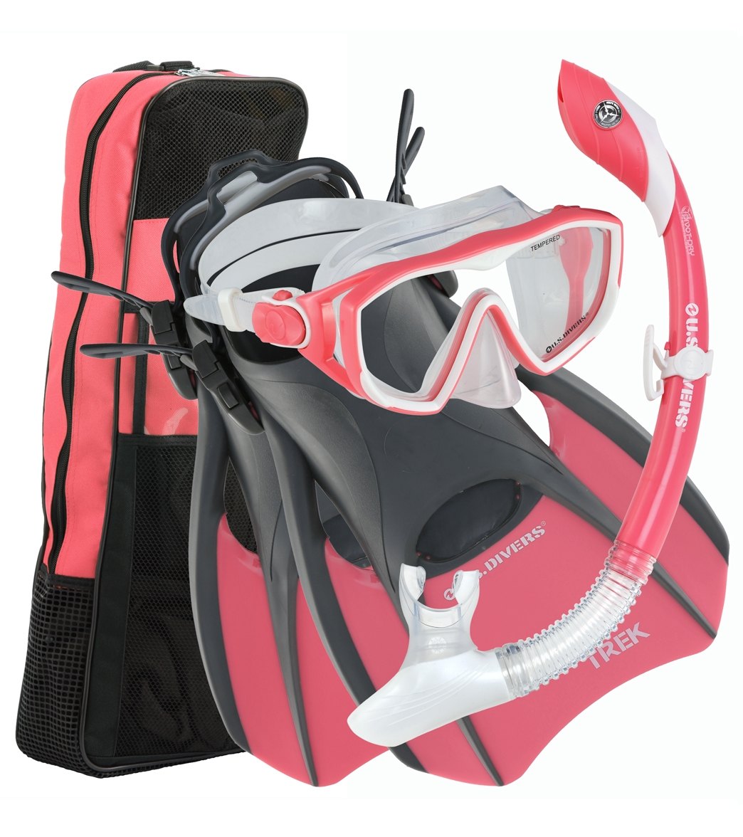 U.s. Divers Women's Diva Lx Mask Island Dry Snorkel Trek Fins Set With Gear Bag - Bright Pink/Black Small 5-8 Size Small Plastic/Rubber/Silicone