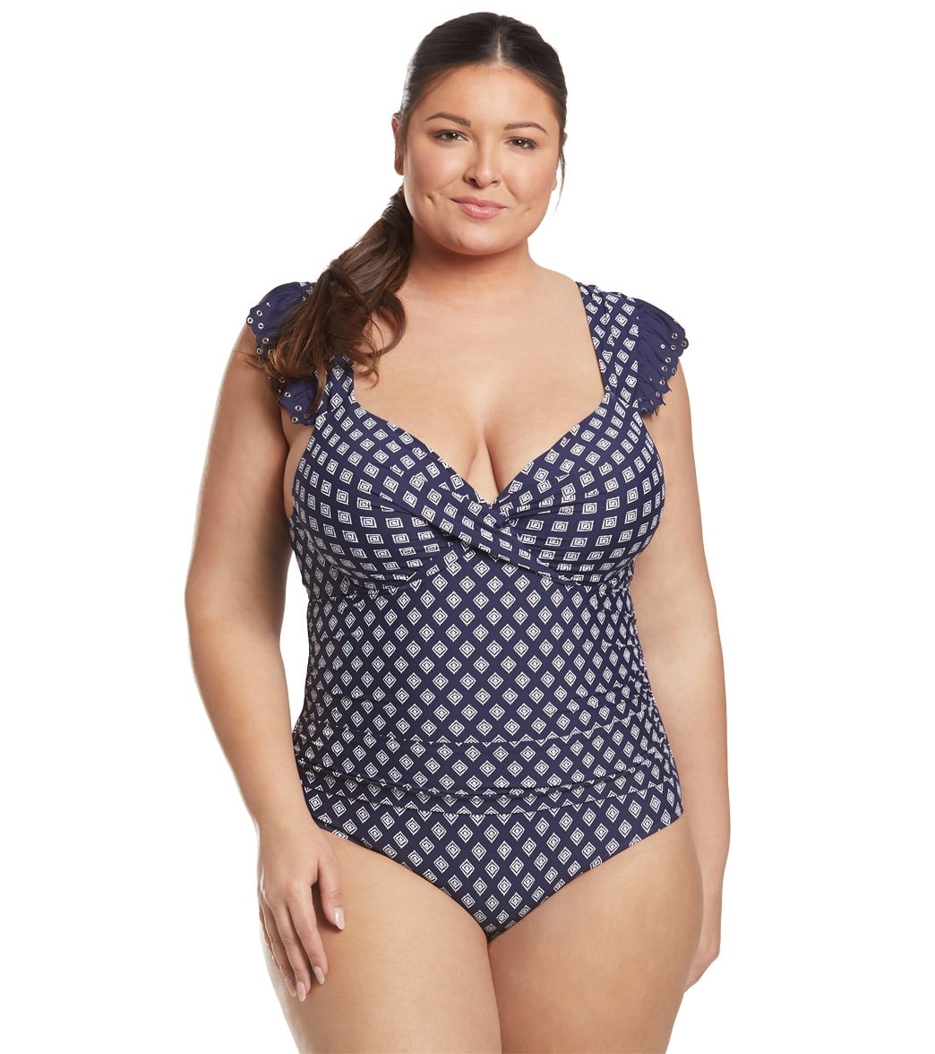 Anne Cole Plus Size Eyelet It Go Underwire Twist Front Shirred One Piece Swimsuit - Navy White 22W - Swimoutlet.com