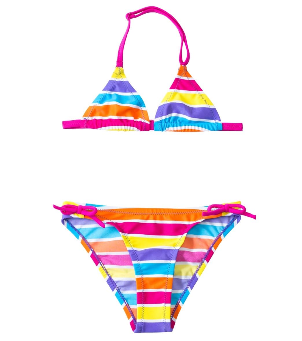 Arena Girls' 6-7 Years Stripes Triangle Bikini Swimsuit Set - White/Rose Violet 6Y Elastane/Polyamide - Swimoutlet.com