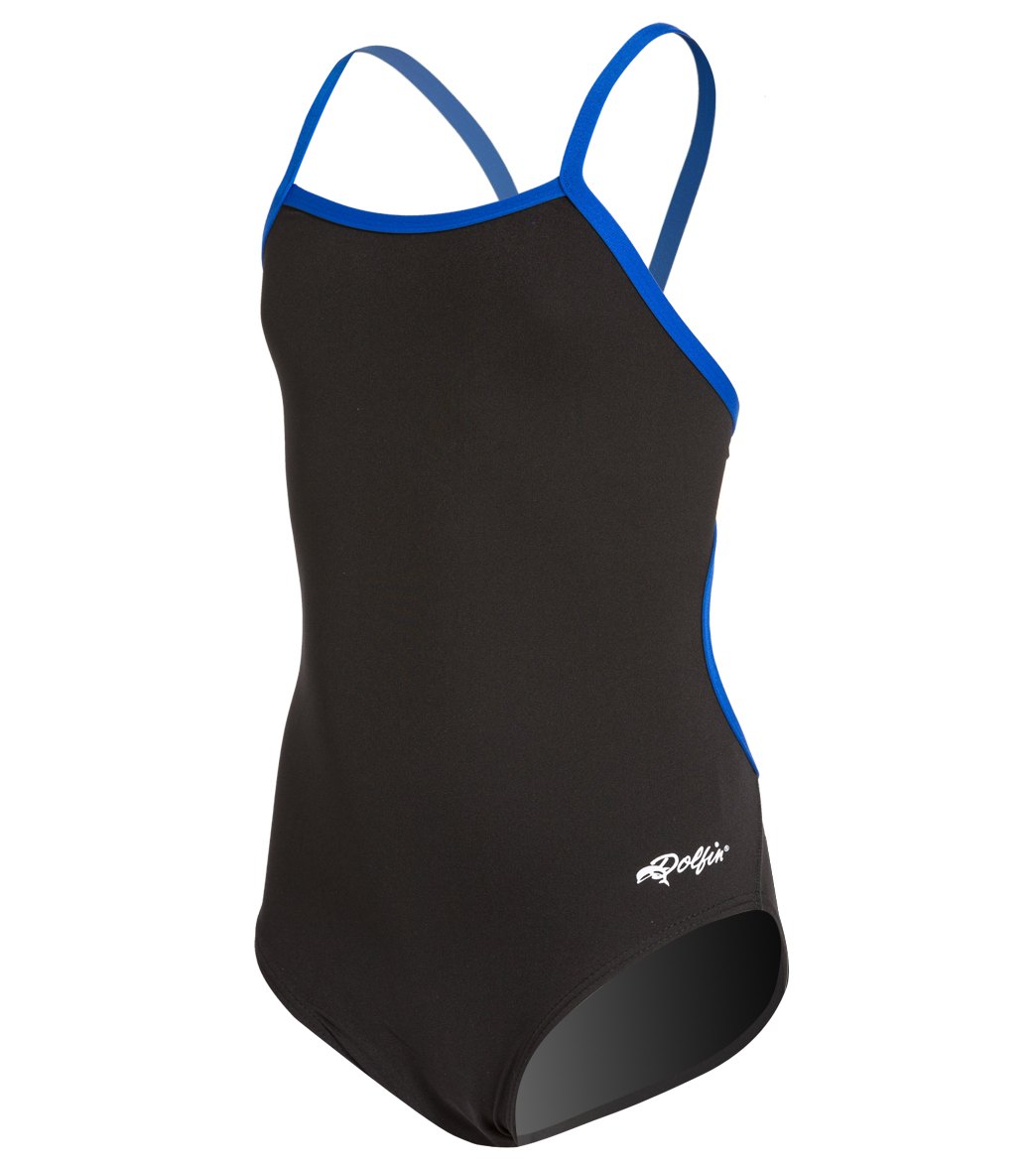 Dolfin Girls' All Poly Varsity Solid String Back One Piece Swimsuit - Black/Royal 22 Polyester - Swimoutlet.com