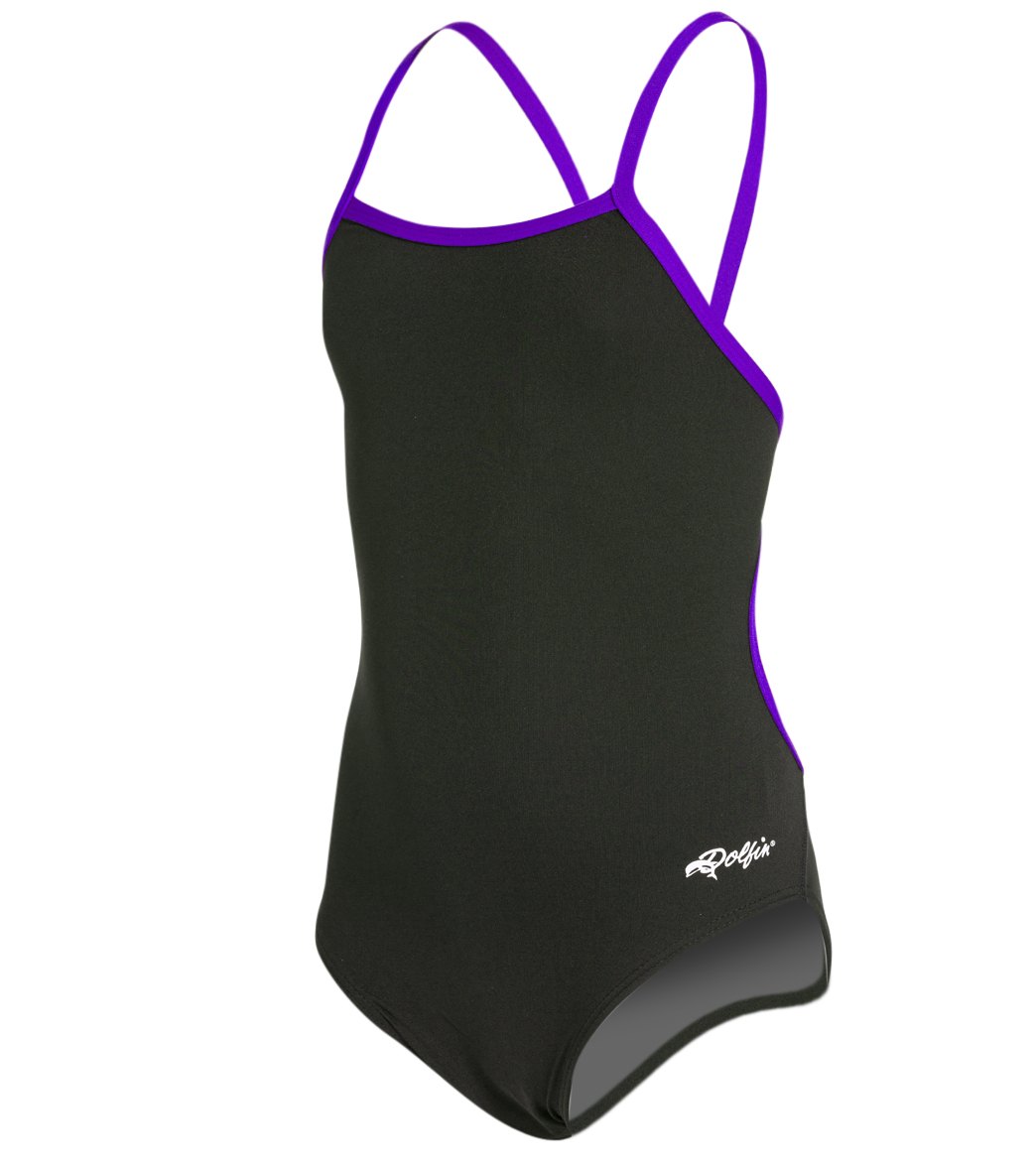 Dolfin Girls' All Poly Varsity Solid String Back One Piece Swimsuit - Black/Purple 22 Polyester - Swimoutlet.com