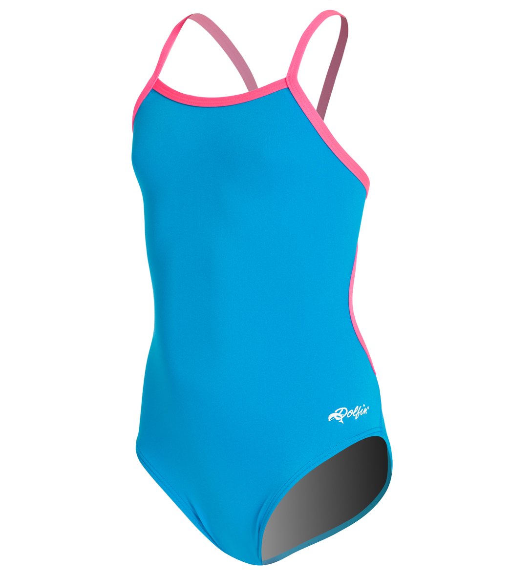 Dolfin Girls' All Poly Varsity Solid String Back One Piece Swimsuit - Turquoise/Pink 22 Polyester - Swimoutlet.com