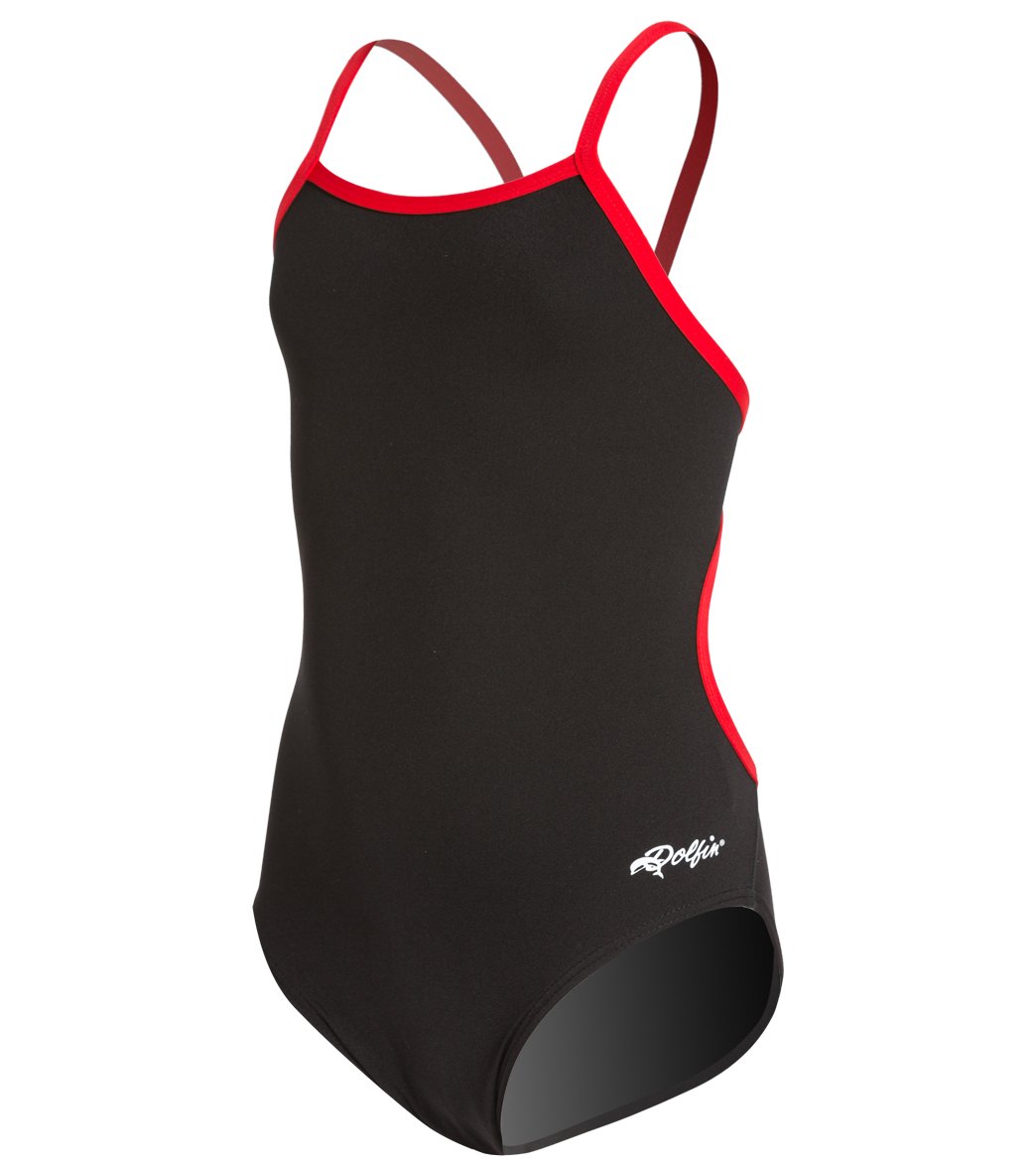 Dolfin Girls' All Poly Varsity Solid String Back One Piece Swimsuit - Black/Red 22 Polyester - Swimoutlet.com