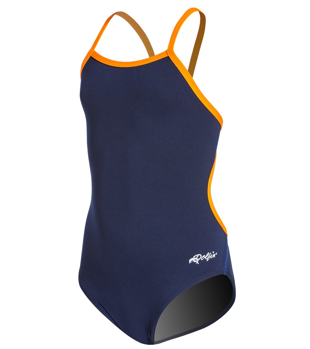 Dolfin Girls' All Poly Varsity Solid String Back One Piece Swimsuit - Navy/Orange 22 Polyester - Swimoutlet.com